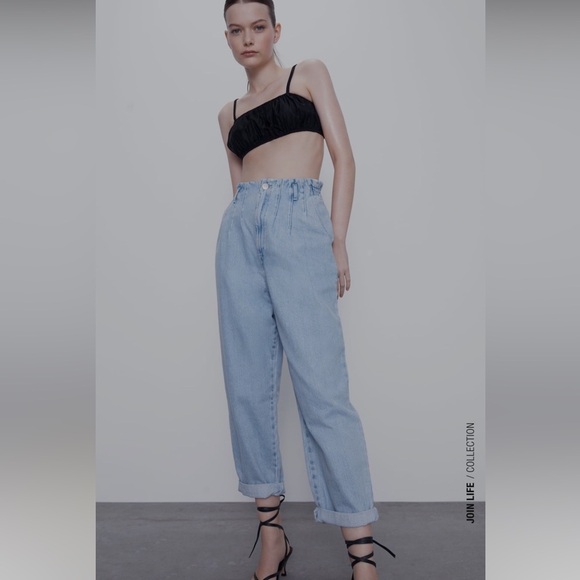 Zara High Rise Waisted Light Blue Paperbag Denim Jeans Sz 4 | Organic Cotton - Picture 1 of 12